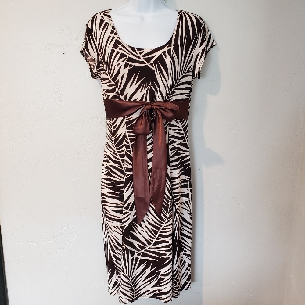 Jody California Sz 7/8 Brown Beige Tropical Leaf Print Dress Satin Tie Waist